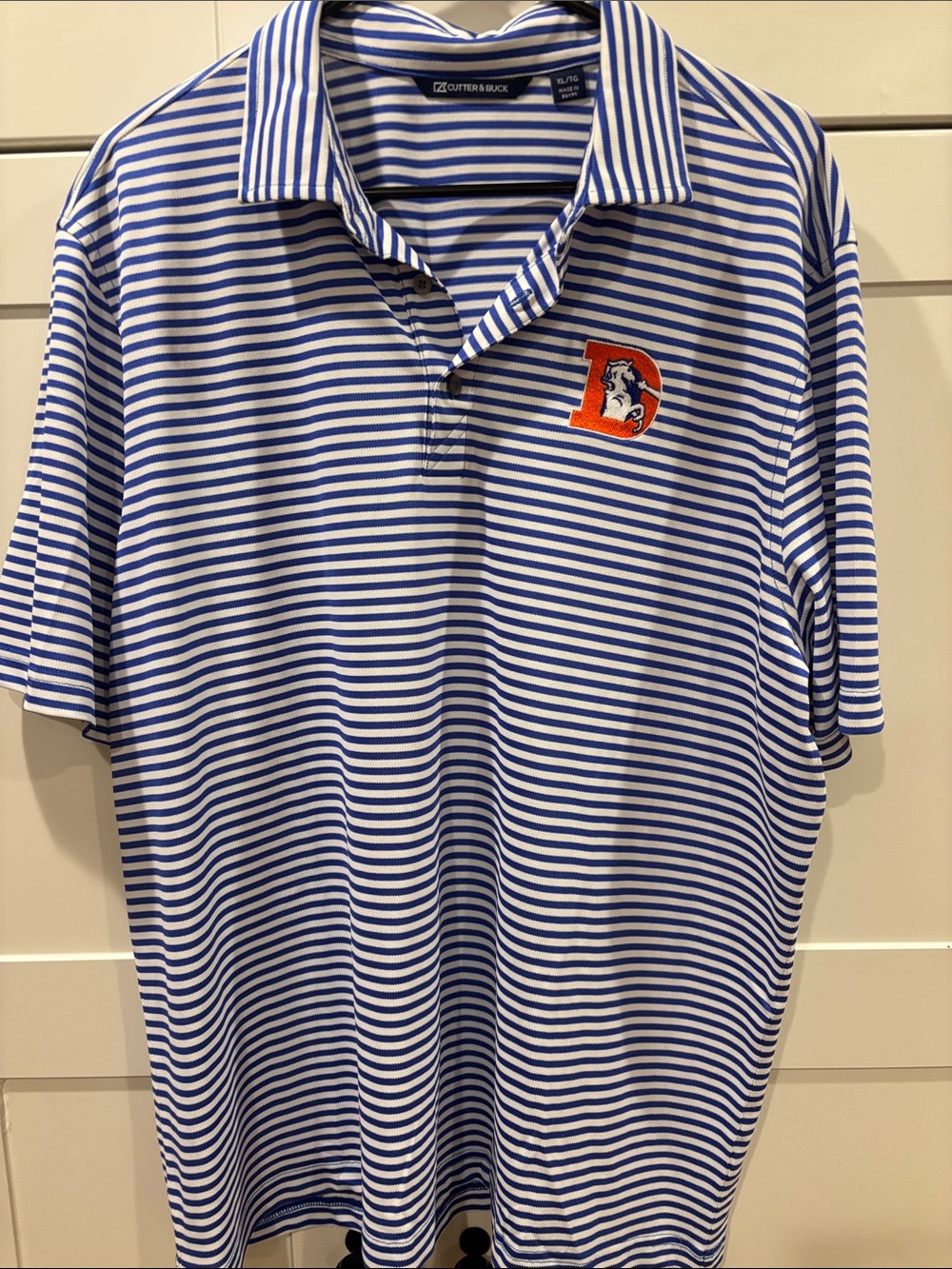 Cutter & Buck Blue and White Striped Polo with Orange Denver D Patch